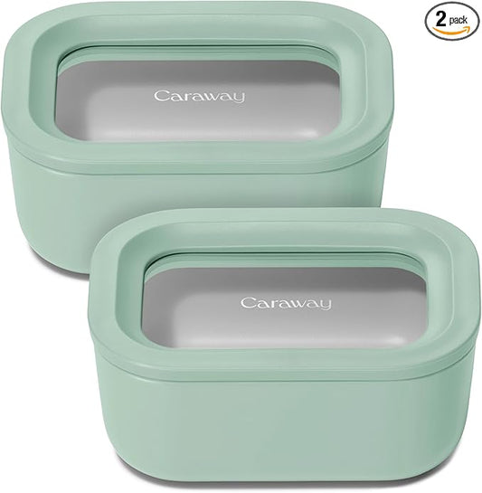 Caraway 2pc Glass Food Storage Set - 2.6 Cup Food Containers (2) - Non-Toxic Ceramic-Coated Glass - Air Release Technology - Compact & Stackable Design - Mist
