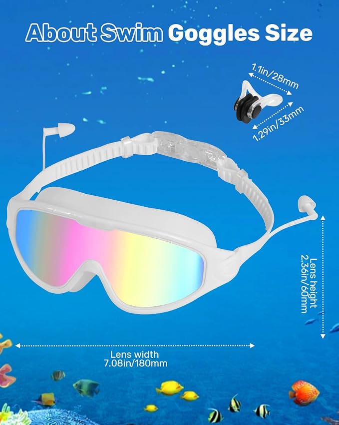 Swim Goggles for Adults, Wide View Anti-Fog & UV Swimming Goggles with Nose Clip & Ear Plugs, No Leak