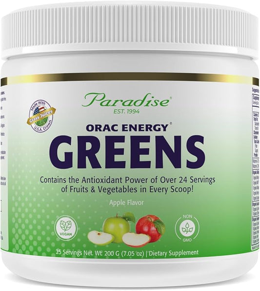 Paradise Herbs ORAC Energy Greens, Apple Superfood Powder, Over 40,000 ORAC Antioxidants, Organic Greens, Berries, Mushrooms & Probiotics, Non-GMO, Gluten-Free, 25 Servings