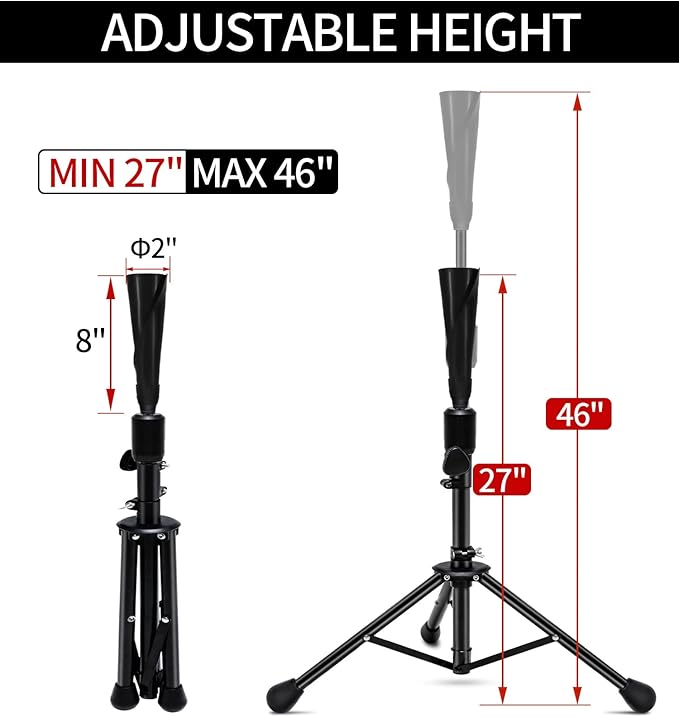 FDLS Baseball Batting tee for Adults and Youth Teens, Portable Tripod Stand Base Tee Easy Adjustable Height 27 to 46 inches for Hitting Training Practice, with Carrying Bag