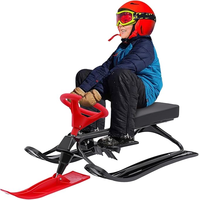 Snow Racer Sled with Steering Wheel and Brakes, Durable Steel Frame, Downhill Steerable Sled for 220 LBS Kids, Teenagers, Adults