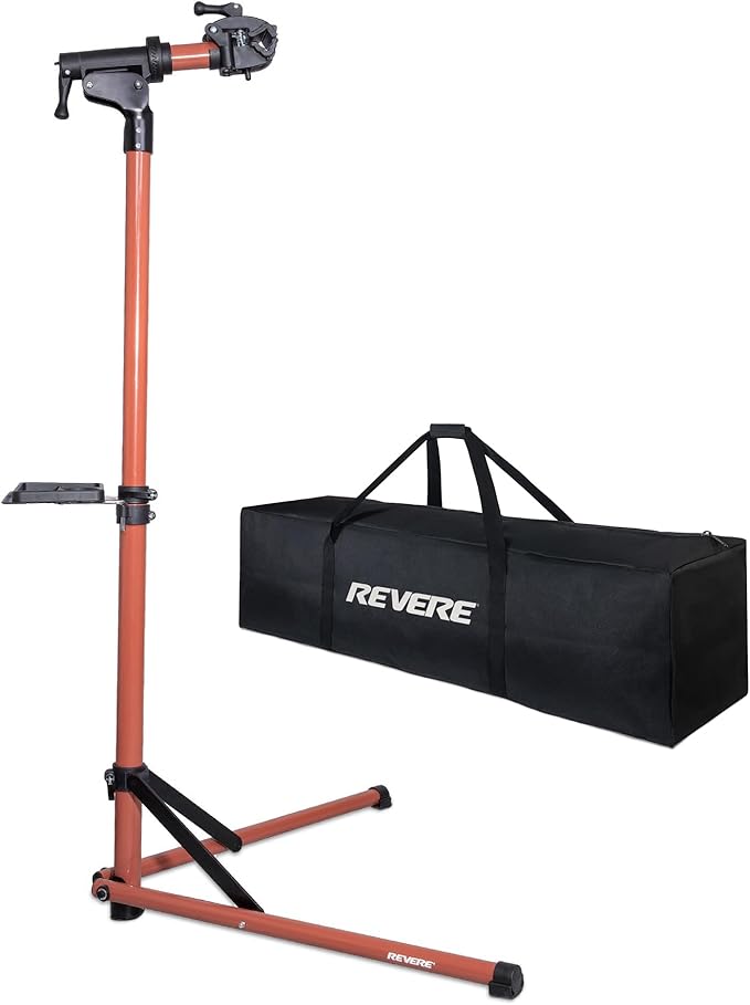 Revere Bike Repair Stand & Storage Bag, Telescoping Arm, Rotating Clamp, Magnetic Tool Tray, and Adjustable Handlebar Rod - Heavy Duty, Sturdy, Adjustable (Orange)