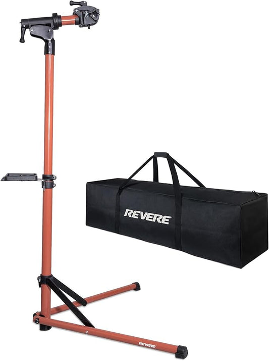 Revere Bike Repair Stand & Storage Bag, Telescoping Arm, Rotating Clamp, Magnetic Tool Tray, and Adjustable Handlebar Rod - Heavy Duty, Sturdy, Adjustable (Orange)