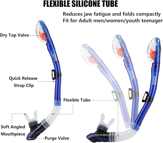 Aegend Dry Snorkel, Dive Mask Easy-Breath Free Diving Snorkel for Snorkeling Scuba Diving Freediving Swimming, with Top Dry Valve and Food-Grade Silicone Mouthpiece