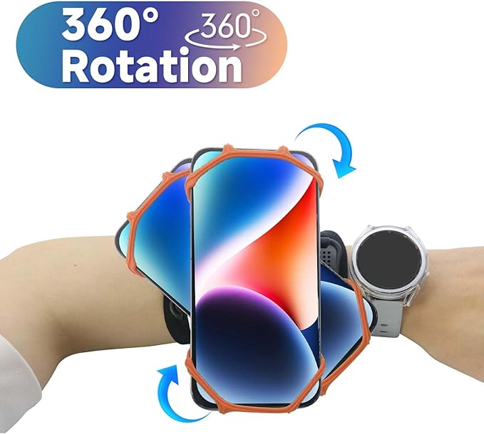 Wristband Phone Holder for Running, 360°Rotation & Detachable Sports Armband with Key Holder for iPhone 16/15/14/13/12/Pro/Pro Max/XS/XR/X/8/7/6/Plus, Fits 4.5-7 Inch Smartphones (Orange)