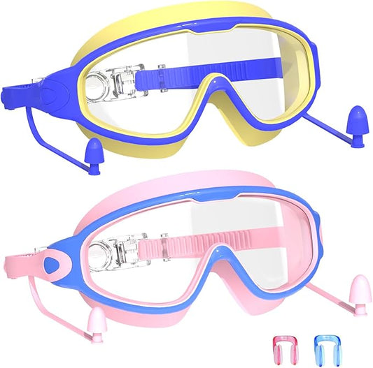 Swim Goggles for Kids 3-15 with Earplugs Large Frame Anti-Fog/UV Swimming Goggles for Boys Girls Toddler 2PCS
