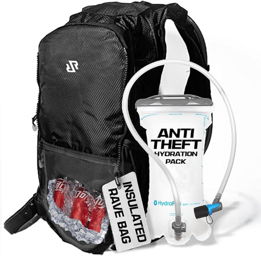 RAVERUNNER® Anti-Theft Hydration Backpack | Festival Approved Rave Backpack for Concert Goers, Leak-Free Festival Water Backpack for EDC, Rave Hydration Pack