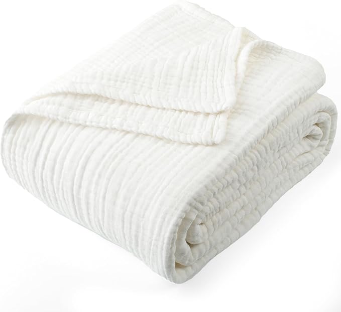 Carriediosa 100% Cotton Muslin Throw Blanket 90" X 90" Queen Size，4-Layers Summer Gauze Throws for Bed Couch，Soft Lightweight Breathable Linen Blankets Bedspread for Adults All Season，White