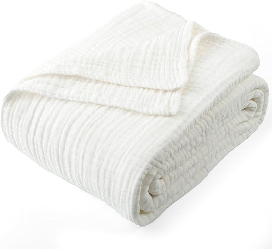 Carriediosa 100% Cotton Muslin Throw Blanket 66" X 90" Twin XL Size，4-Layers Summer Gauze Throws for Bed Couch，Soft Lightweight Breathable Linen Blankets Bedspread for Adults All Season，White
