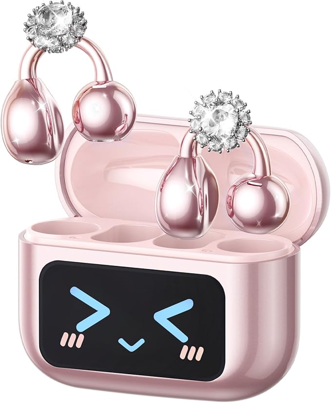 PAXA Stylish Open Ear Clip On Earbuds with Removable Diamond Earring, Clip On Headphones with LCD Touch Screen, Fashionables Open Ear Headphones for Women, Diamond Earring Rose Gold Earbuds