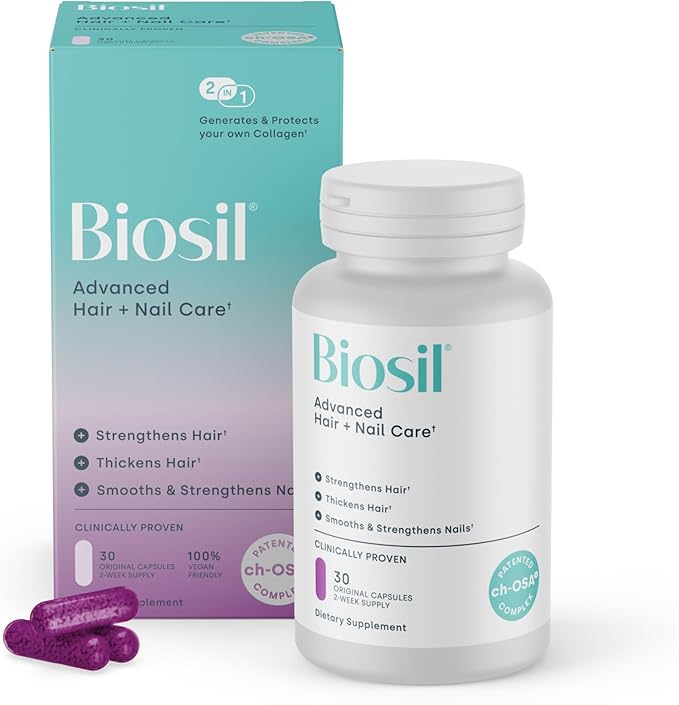 Biosil Advanced Hair + Nail Care - Growth Vitamins for Women - Strengthen & Thicken Strands - 30 Capsules - Patented ch-OSA - 15-Day Supply