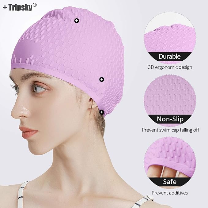 Tripsky Silicone Swim Cap,Comfortable Bathing Cap Ideal for Curly Short Medium Long Hair, Swimming Cap for Women and Men, Shower Caps Keep Hairstyle Unchanged…