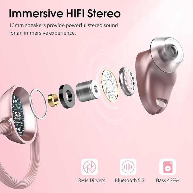 Wireless Earbuds, HiFi Stereo Sport Bluetooth 5.3 Headphones with Earhooks, 48H Deep Bass Headphones with LED Display, Noise Cancelling, IP7 Waterproof Earphones Built-in Mic for Running