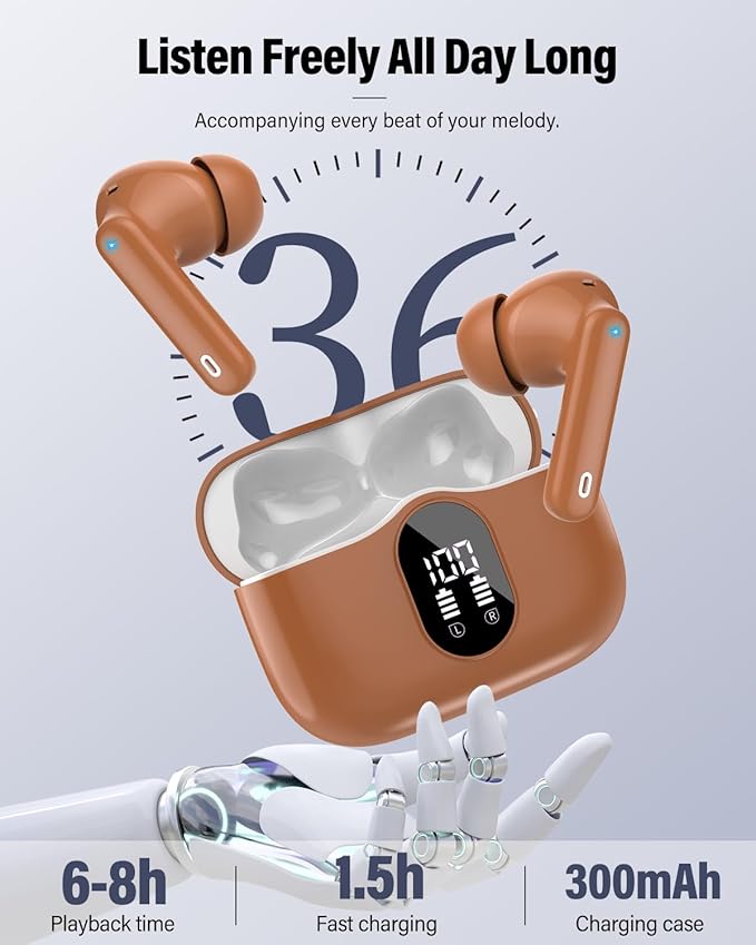 Wireless Earbuds, Bluetooth 5.4 Headphones Bass Stereo, Ear Buds with Noise Cancelling Mic, IP7 Waterproof in Ear Earphones, 36H LED Display Bluetooth Earbuds for Laptop Pad Phones Sports, Brown