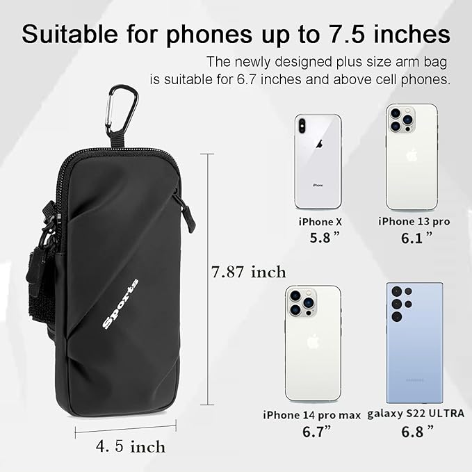 Phone Holder Arm Bands, Small Crossbody Shoulder Holsters Bag with Arm Band, Fits iPhone and All Cell Phones, Use for Running, Walking, Hiking & Biking (Plus Size,Black)