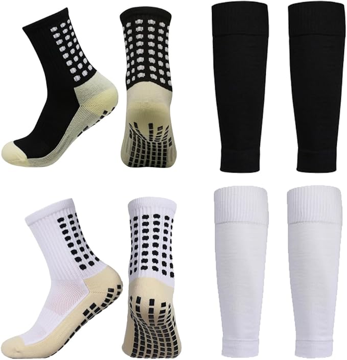 2 Set Anti-Slip Grip Soccer Socks with Shin Guard Sleeves, Sports Athletic Socks for Men Women