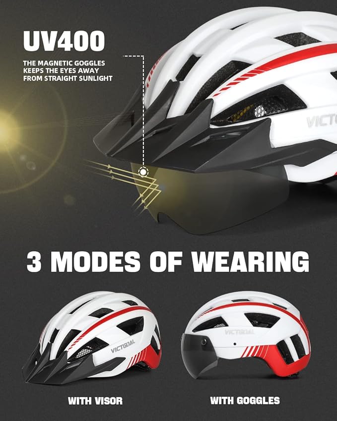 VICTGOAL Bike Helmet for Men Women with Led Light Detachable Magnetic Goggles Removable Sun Visor Mountain & Road Bicycle Helmets Adjustable Size Adult Cycling Helmets