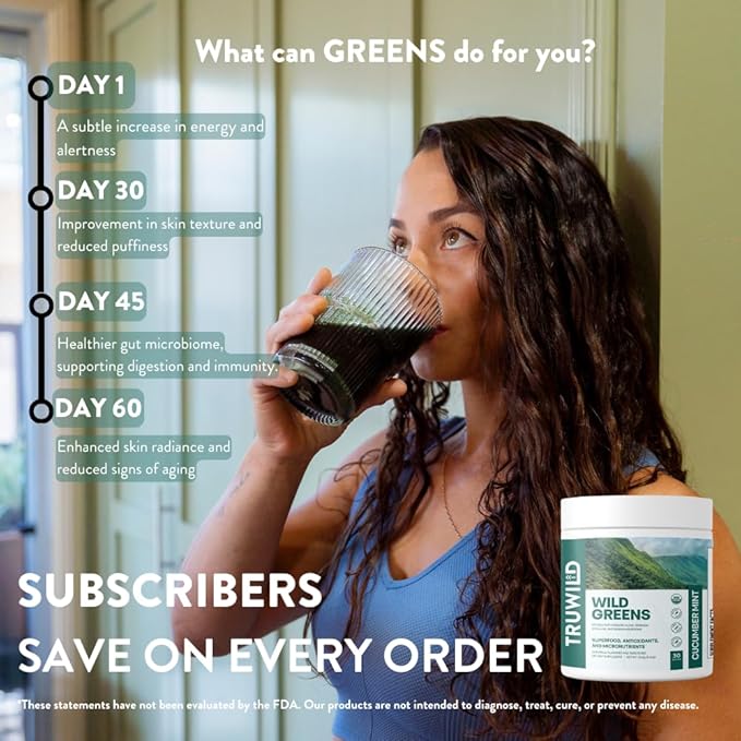 TruWild Greens Superfood Cucumber Powder, with 22+ Greens & Anti-Oxidants, Delicious Green Juice Powder, Natural Immune, Stress, Digestion Support, 30 Servings Per Tub (Cucumber Mint)