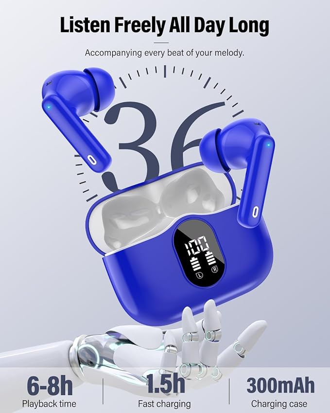Wireless Earbuds, Bluetooth 5.4 Headphones Bass Stereo, Ear Buds with Noise Cancelling Mic, IP7 Waterproof in Ear Earphones, 36H LED Display Bluetooth Earbuds for Laptop Pad Phones Sports, Blue