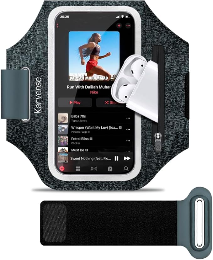 Running Phone Holder, Arm Band for Running for iPhone & Samsung Galaxy, Cell Phone Armband Holder for Walking, Gym, Workout, Men, Women, w/Adjustable Strap & Zipper Pocket (Black Heather-L)