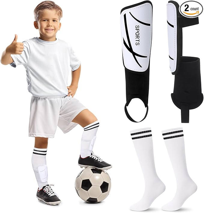 Soccer Shin Guards and Socks Kids Youth Lightweight Soccer Pads Defender with Ankle Protection Ski Shin Guards Football Equipment for Age 4-14 Toddler Boys Girls Teens