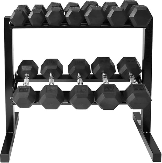 WF Athletic Supply Rubber Coated Hex Dumbbell Set with Two Tier Premium Storage Rack Built for Strength Building, Weight Loss & Home Gym – Multiple Sets Available
