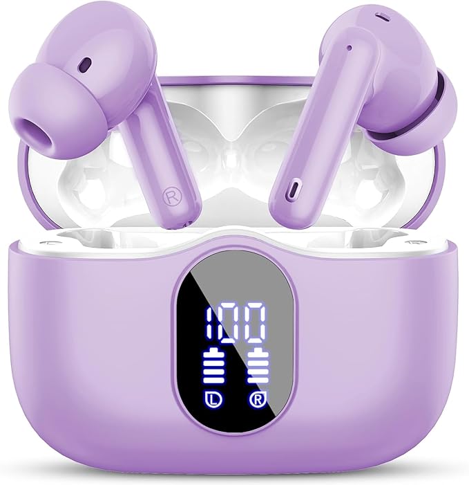 Wireless Earbuds, Bluetooth 5.4 Headphones Bass Stereo, Ear Buds with Noise Cancelling Mic, IP7 Waterproof in Ear Earphones, 36H LED Display Bluetooth Earbuds for Laptop Pad Phones Sports, Purple
