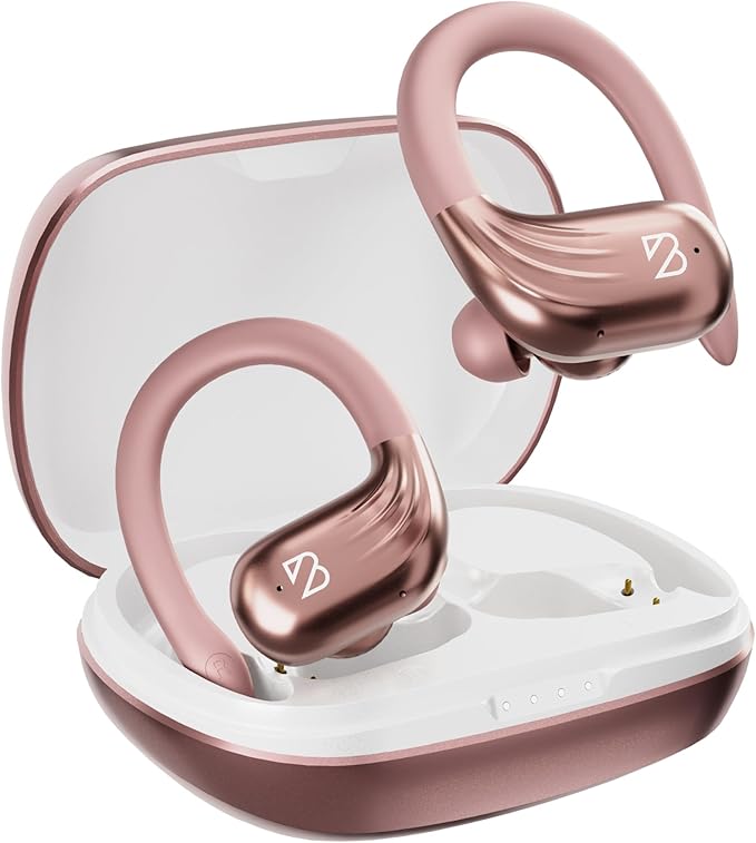 Rose Gold Wireless Running Earbuds for Women. Pink Bluetooth Sport Earbuds for Running, 80 Hour Long Battery Life Over the Ear with EarHooks, Wrap Around Ear buds with Microphone, Earphones