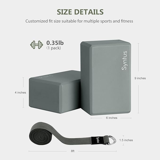 Syntus Yoga Block and Yoga Strap Set, 2 Soft Non-Slip Yoga Blocks 9×6×4 inches, 8FT Metal D-Ring Strap for Yoga, General Fitness, Pilates, Stretching and Toning