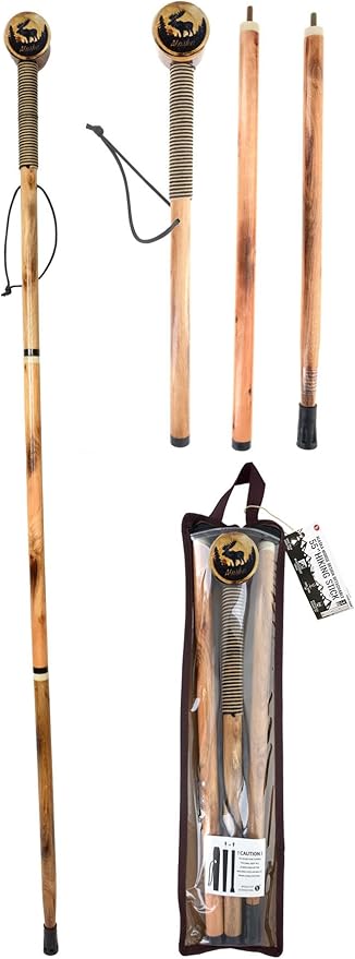 SE 3 Piece 55" Detachable Pine Wood Walking/Hiking Stick with Metal Tip, Reinforced Rubber Tip, and Water-Resistant Travel Pouch - Portable and Durable for Outdoor Adventures