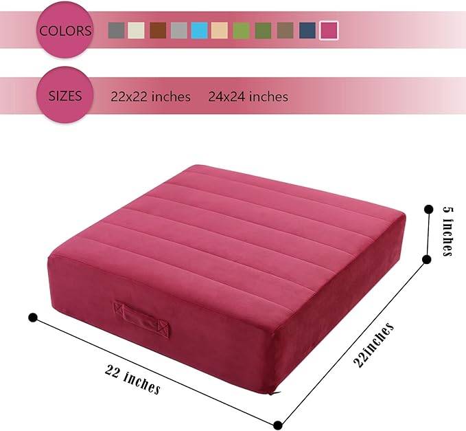 MeMoreCool Square Floor Pillow Seating for Adults Kids, Large Meditation Cushion Floor Pillow with Thick Foam & Soft Tufted Cover, Washable Big Pillow Seat Floor Cushion for Sitting Yoga 22" Wine