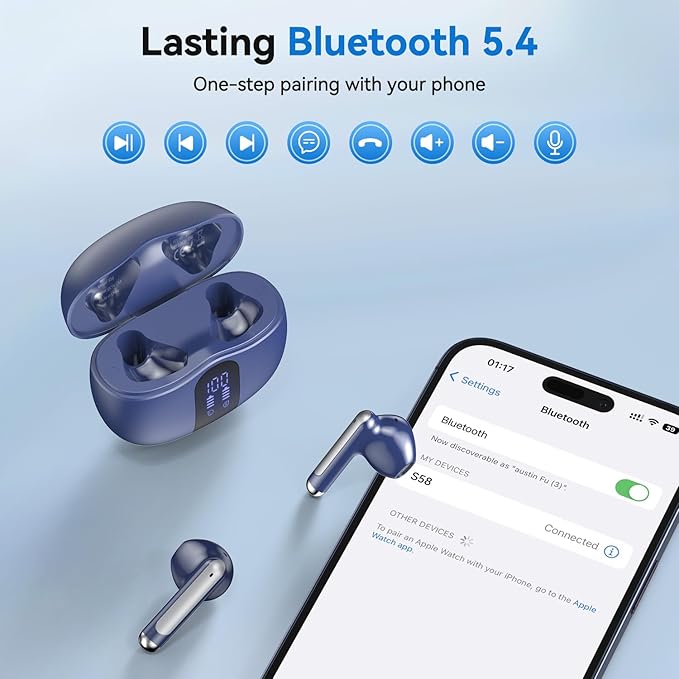 Wireless Earbuds, 2025 Bluetooth 5.4 Bass Stereo Headphones with 4 ENC Mic, 50H Playback Ear Buds with Charging Case LED Display,Sport Earphones IPX7 Waterproof for Phone, Android, Pad, Blue
