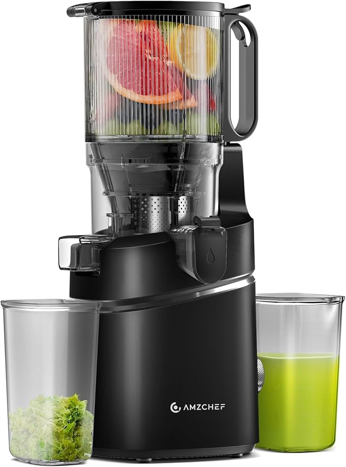 AMZCHEF Juicer Machines, 5.8" Extra Self-Feeding Cold Press Juicer for Whole Vegetable & Fruit, Juice Extractor Machine with Large Auger & Triple Strainers, Easy to Clean, High Juice Yield, Black