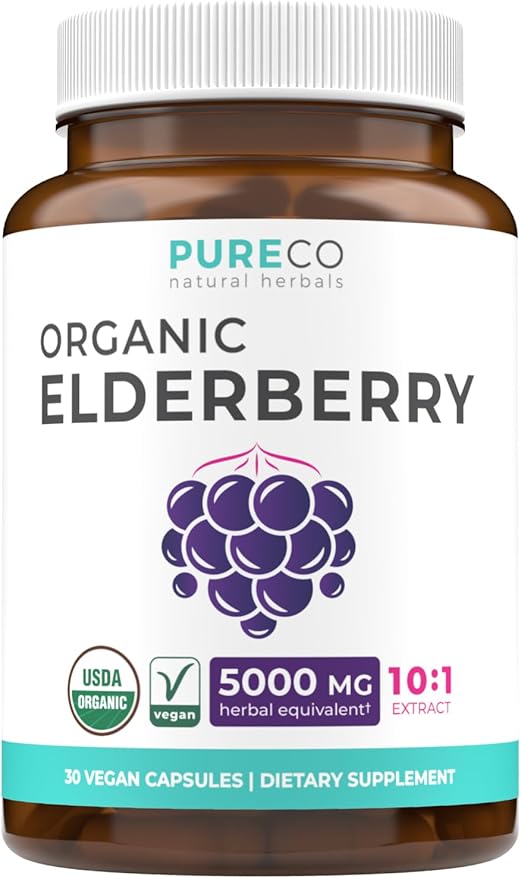 Organic Elderberry Capsules - 10:1 Extract Equals 5,000mg of Fresh Elderberries (Vegan) for Immune Support, Allergy, Sinus Relief - Sambucus Nigra - Black Elderberry - 30 Caps (No Pills or Gummies)