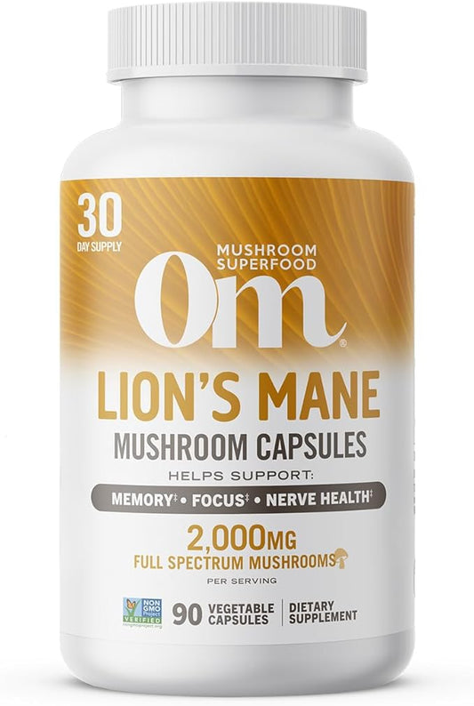 OM MUSHROOM SUPERFOOD Lion's Mane Mushroom Capsules Superfood Supplement, 90 Count, 30 Day Supply, Fruit Body and Mycelium Nootropic for Memory, Focus, Nerve Health and Immune Support