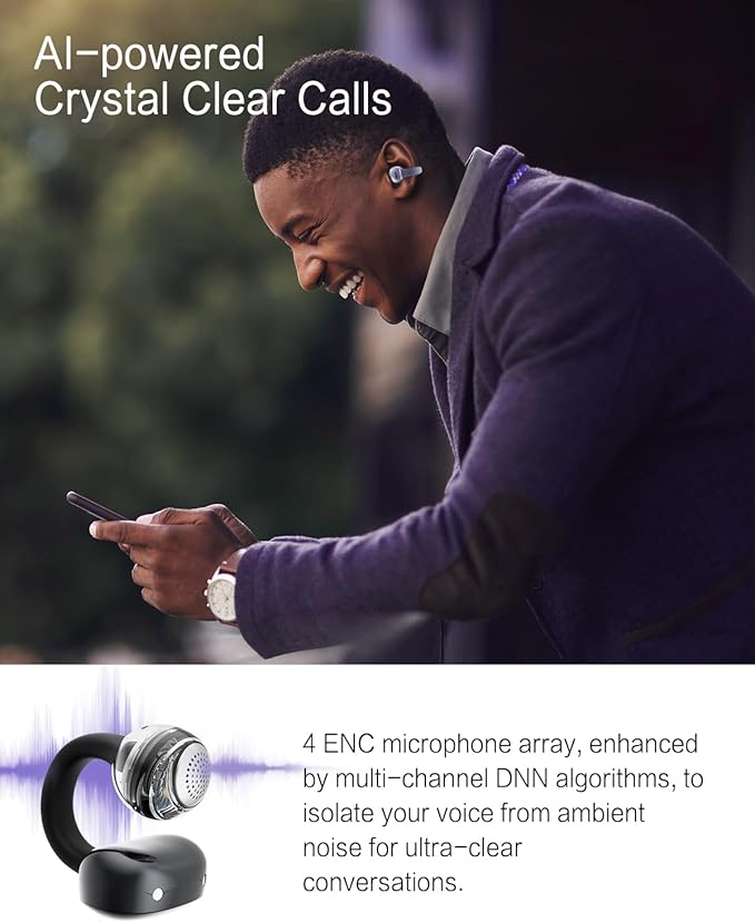 A50 Clip on Earbuds, Bluetooth 6.0 Wireless Open Ear Headphones w/5.3g Weightless Comfort,48H Playtime,3D Soundstage,Clear Call Mics,IPX5,Multipoint Connection,Fit for Workout Running Purple