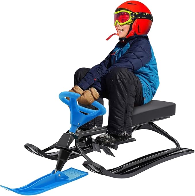 Snow Racer Sled with Steering Wheel and Brakes, Durable Steel Frame, Downhill Steerable Sled for 220 LBS Kids, Teenagers, Adults