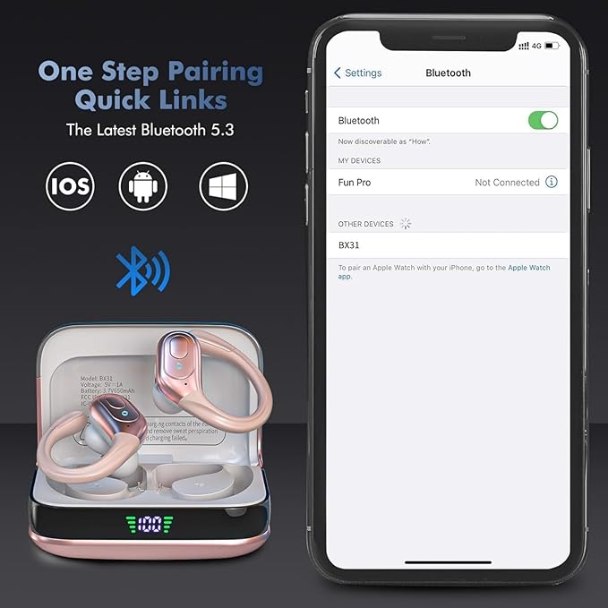 Wireless Earbuds Bluetooth 5.4 Headphones, Noise Canceling Ear Buds with 75hr Playtime, LED Power Display, IPX7 Waterproof Earphones Over-Ear Earphones for Sports/Workouts - Rose Gold