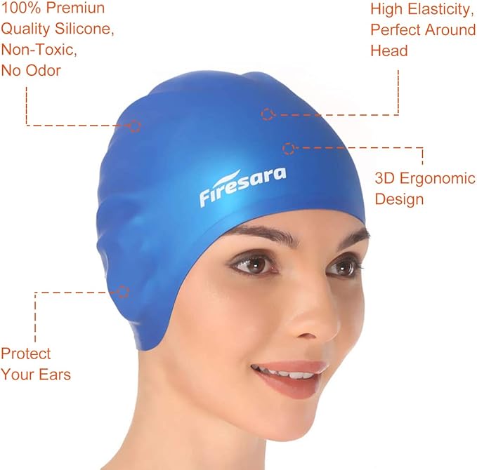 Firesara Swim Cap, Original Updated Swimming Cap 3D Ergonomic Design Comfortable Durable Ear Protection for Women Kids Men Adults Boys Girls for Long or Short Hair with Nose Clip and Ear Plugs