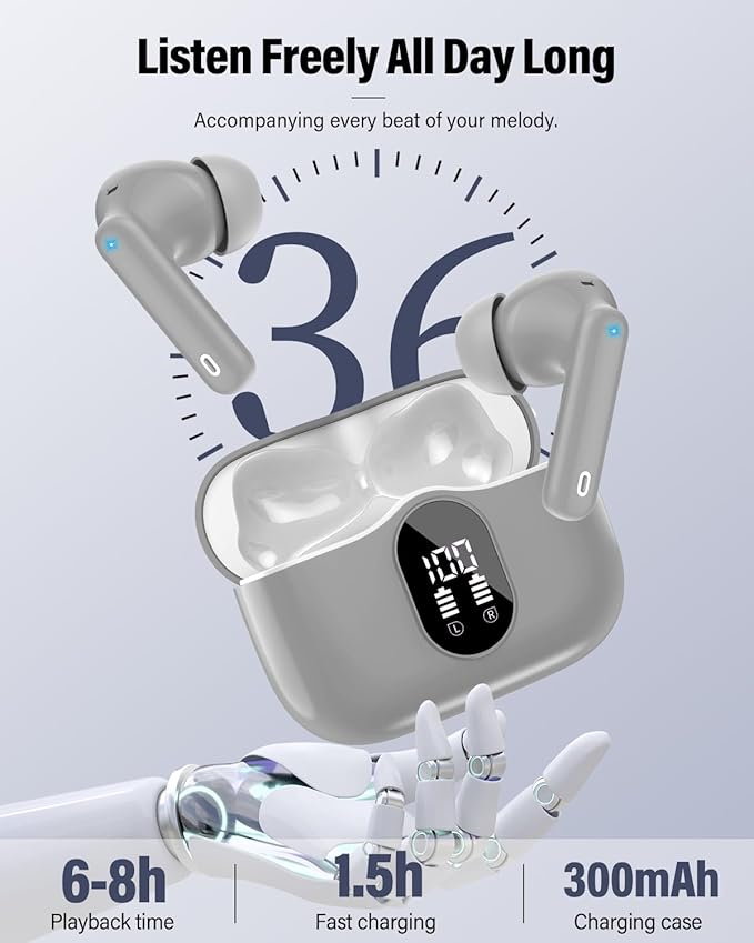 Wireless Earbuds, Bluetooth 5.4 Headphones Bass Stereo, Ear Buds with Noise Cancelling Mic, IP7 Waterproof in Ear Earphones, 36H LED Display Bluetooth Earbuds for Laptop Pad Phones Sports, Grey