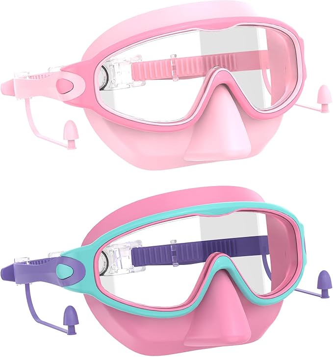 Swim Goggles for Kids 3-15 with Earplugs Large Frame Anti-Fog/UV Swimming Goggles for Boys Girls Toddler 2PCS