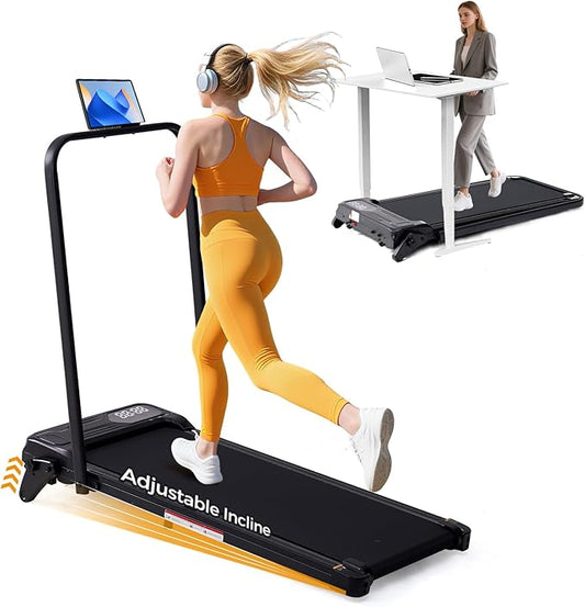 Folding Foldable Walking Pad Treadmill with Handle Bar and Adjustable Incline, 3.5HP Portable Electric Treadmills with Handles for Home Small, Home Treadmills with Incline, 0.6-7.6MPH, 350LBS