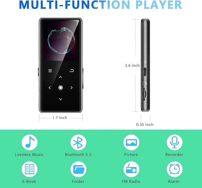 64GB MP3 Player with Bluetooth 5.2, AiMoonsa Music Player with Built-in HD Speaker, FM Radio, Voice Recorder, HiFi Sound, E-Book, Earphones Included