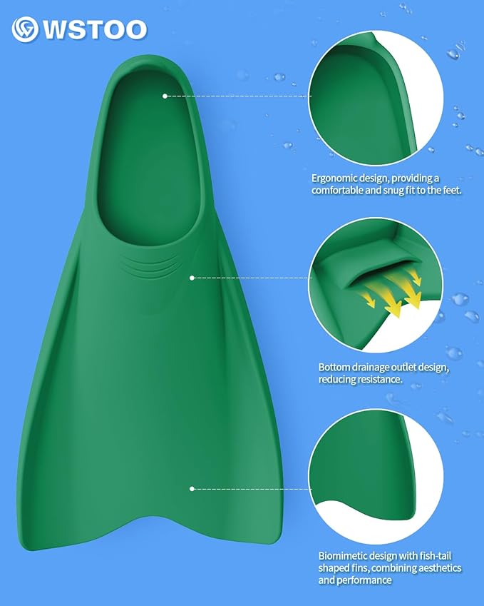 W WSTOO Streamlined Swimming Fins,Training Short Flippers,Silicone Swimming Flippers for Kids Adults Men and Women for Swimming Snorkeling and Diving