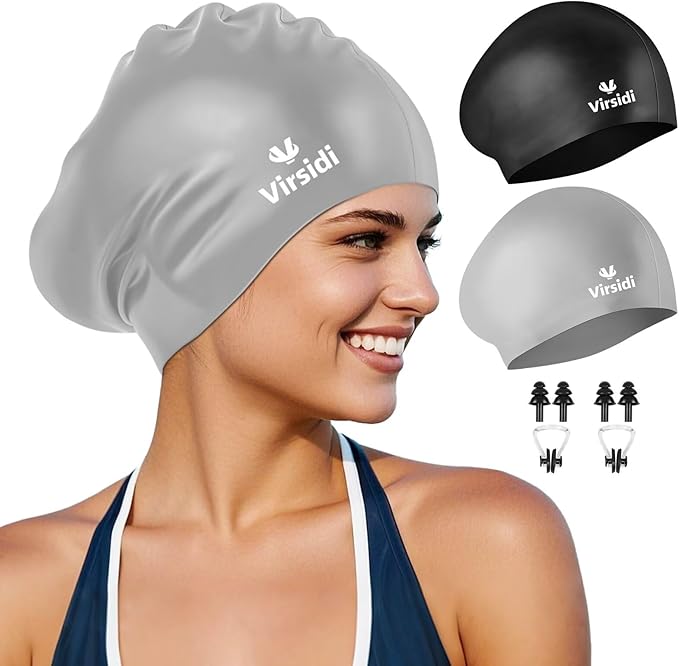 2 Pack Swim Cap for Women Men Adult, Silicone Swimming Caps for Short Long Hair, Waterproof Swim Hats Bathing Caps to Keep Hair Dry with Nose Clip and Earplugs