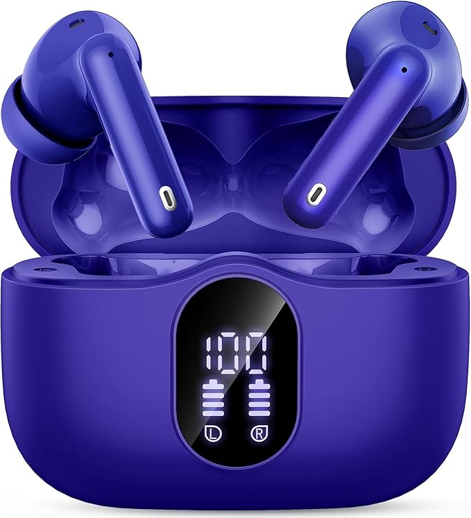 Wireless Earbuds, Bluetooth 5.4 Headphones Bass Stereo, Ear Buds with Noise Cancelling Mic, IP7 Waterproof in Ear Earphones, 36H LED Display Bluetooth Earbuds for Laptop Pad Phones Sports, Dark Blue