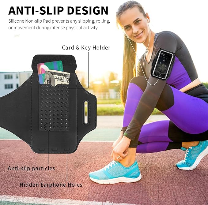 Running Armband with Earphone Bag Cell Phone Armband for iPhone 16/15/14/13/12 Pro, Galaxy S21/S20, Water Resistant Sports Phone Holder & Zipper Slot Car Key Holder for 6.4 inch Phone