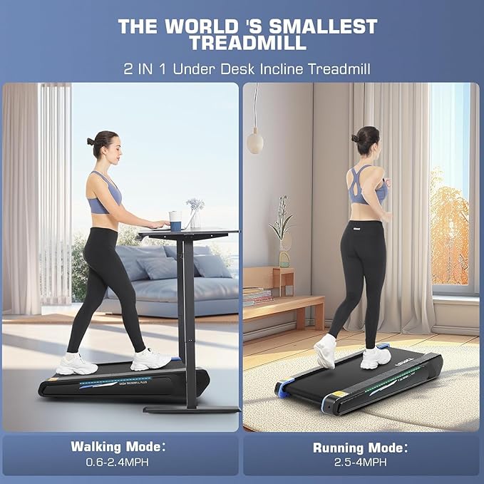 FUNMILY Smallest Walking Pad with 5% Incline, 2 in 1 Under Desk Treadmill for Home Office, 2.5 HP Mini Compact Walking Treadmill, Installation-Free/300lbs Weight Capacity/Unique Lighting Design