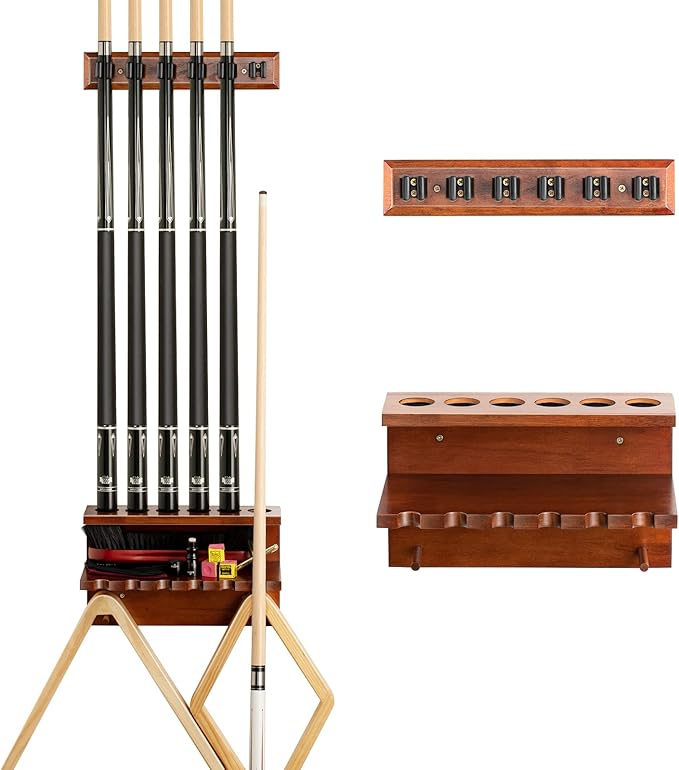 Wall Mount Pool Stick Holder - Billiards Pool Cue Rack Hardwood Pool Cue Set Holder for 6 Cues Sticks Storage Pool Table Accessories Equipment Organizer