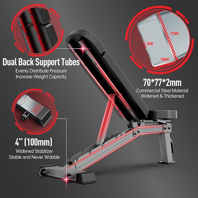 JOROTO MD80 Adjustable Weight Bench, 1000LB Capacity Heavy Duty Strength Training Bench for Home Gym, Flat/Incline/Decline Utility Workout Bench Press with Wheels & Extended Backrest